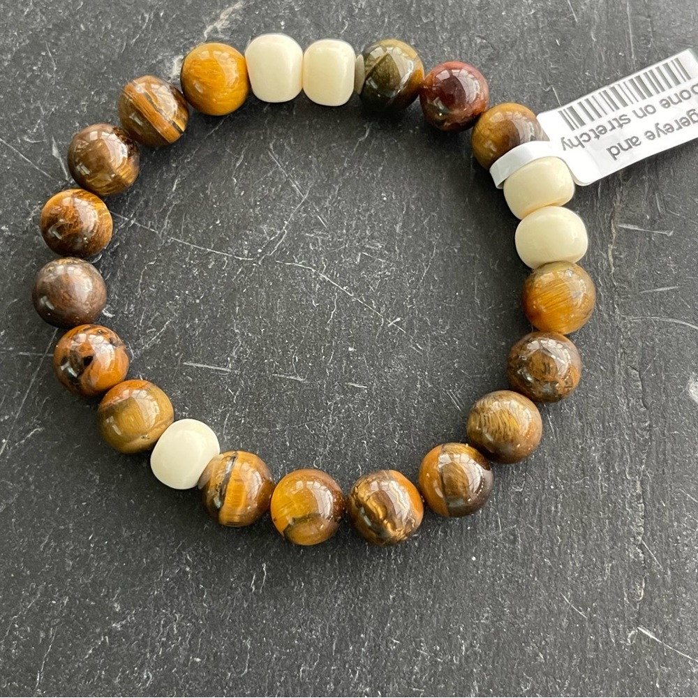 Tiger's Eye and Bone Cream Beaded Bracelet 6-6.5”